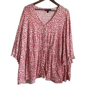 Lane Bryant Women Top 22 Coral Ditsy Floral‎ Babydoll Cottagecore Boho Fairy